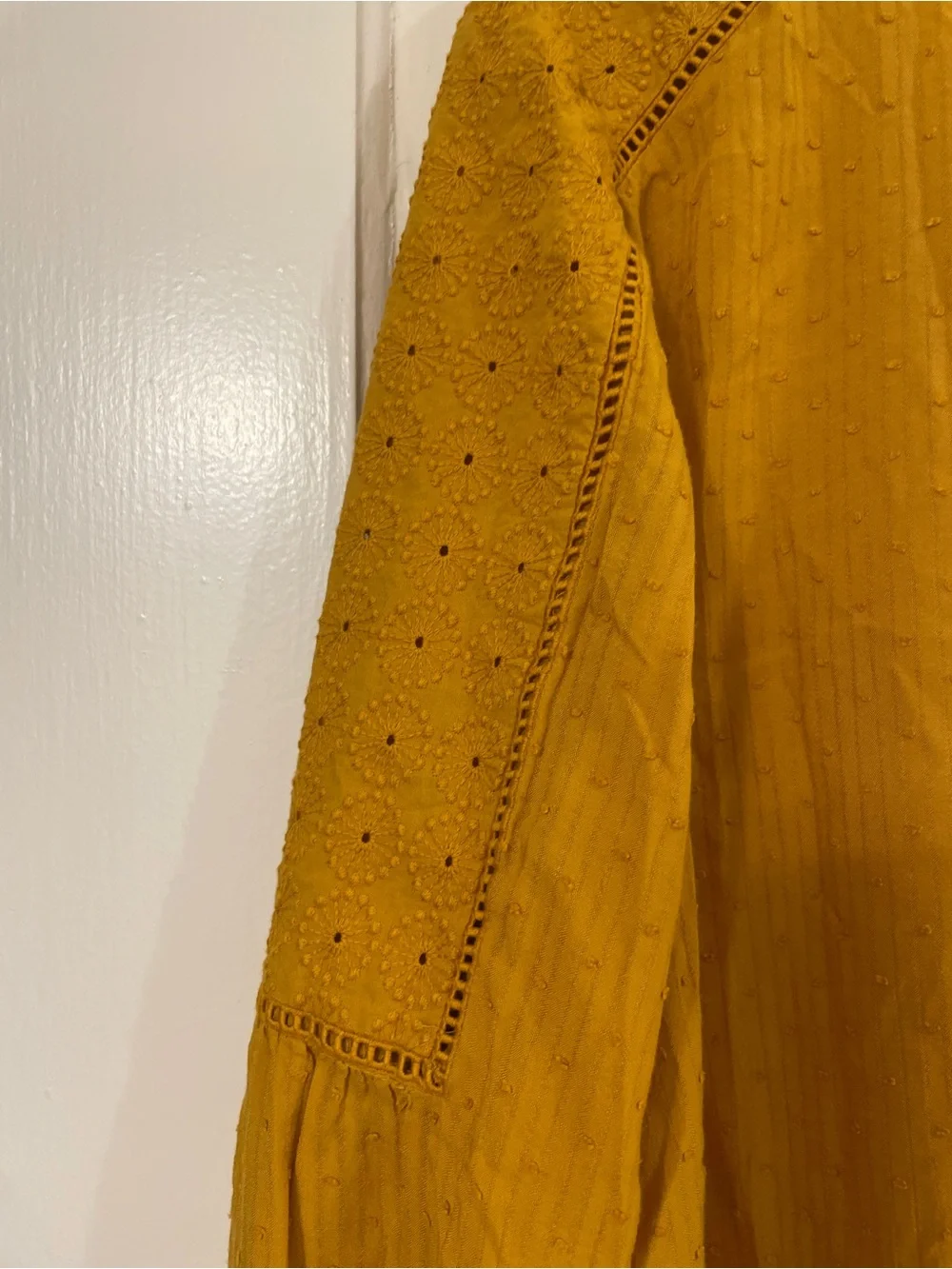 LOFT Mustard Yellow Swiss Dot Embroidered V-Neck Boho Blouse Size XXL